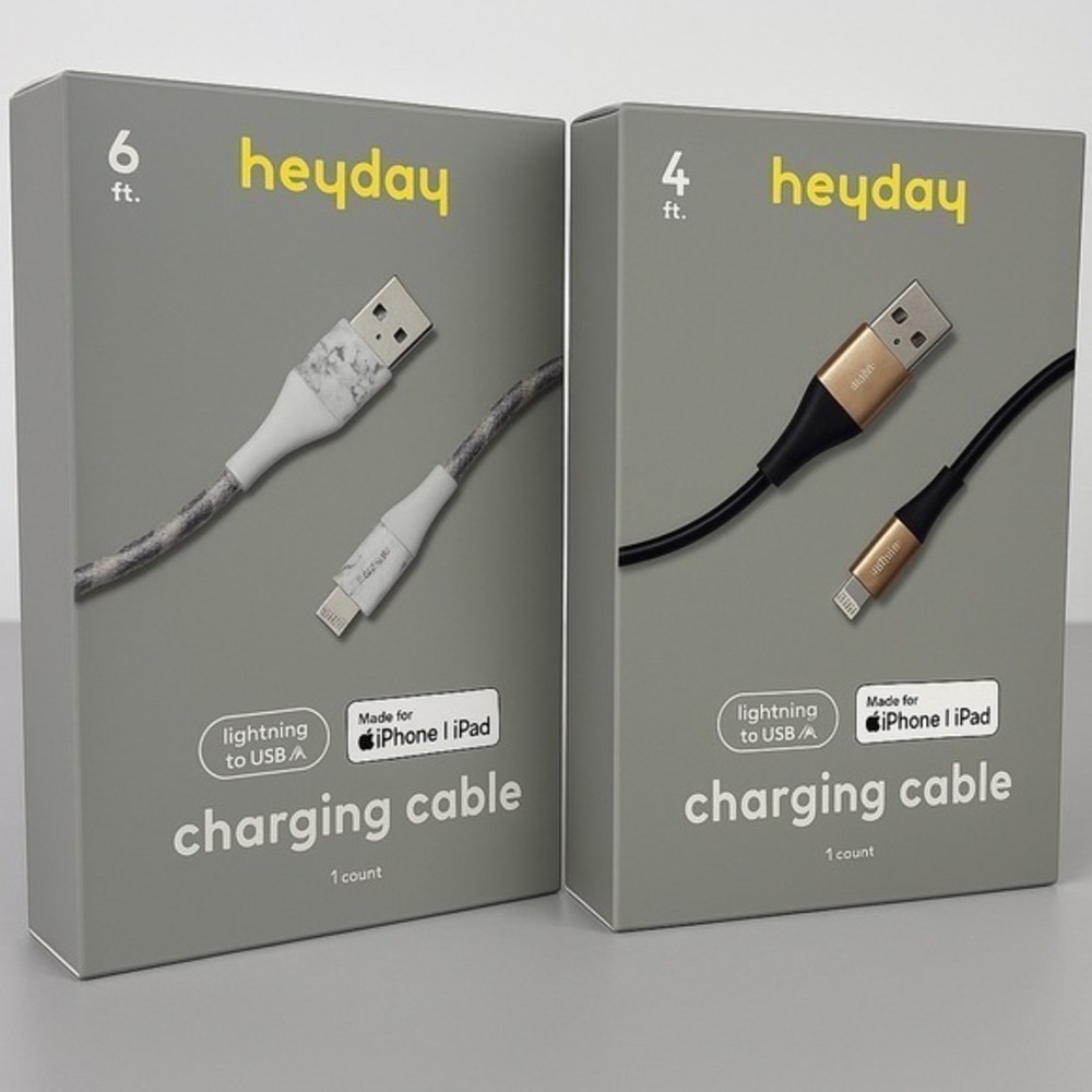 Heyday Lightning to USB-A Charging Cables Lot 6ft Marble + 4ft‎ Black – New